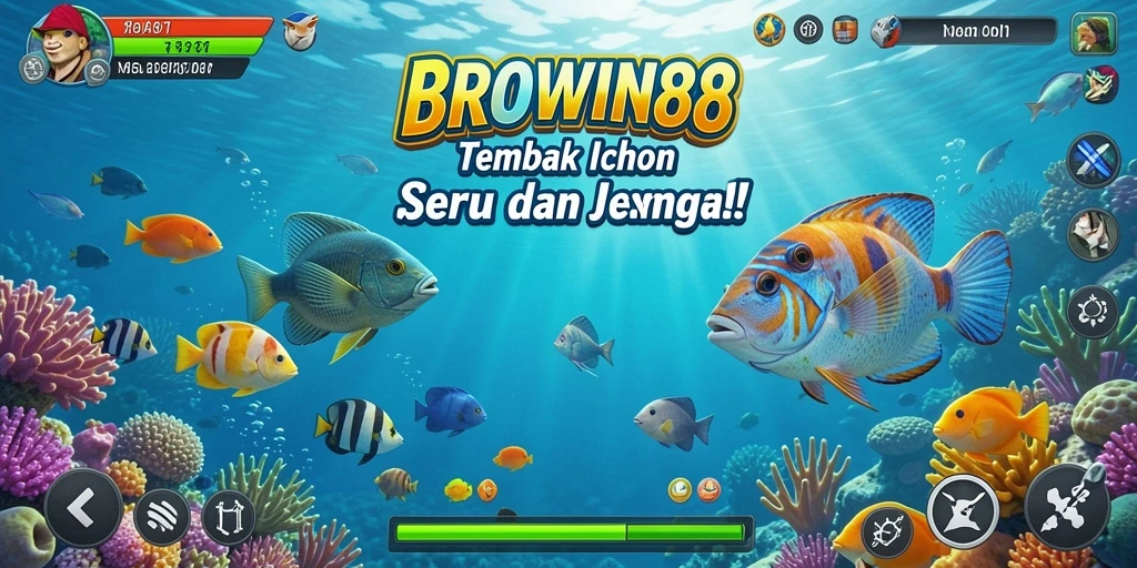 Gameplay seru BROWIN88 dengan menembak ikan berwarna-warni.