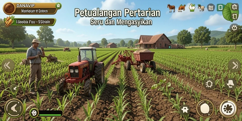 Tampilan gameplay seru di DANAVIP yang menampilkan pertanian aktif.