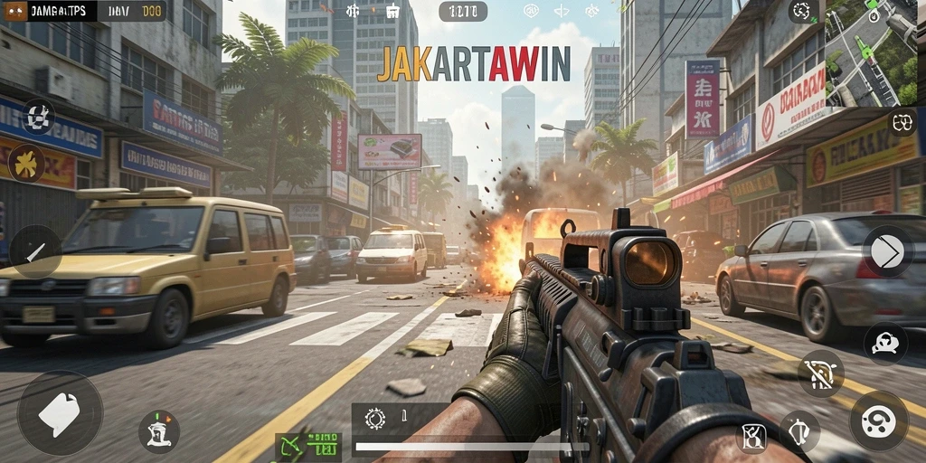Tampilan gameplay seru di JAKARTAWIN, aksi mendebarkan di tengah kota.