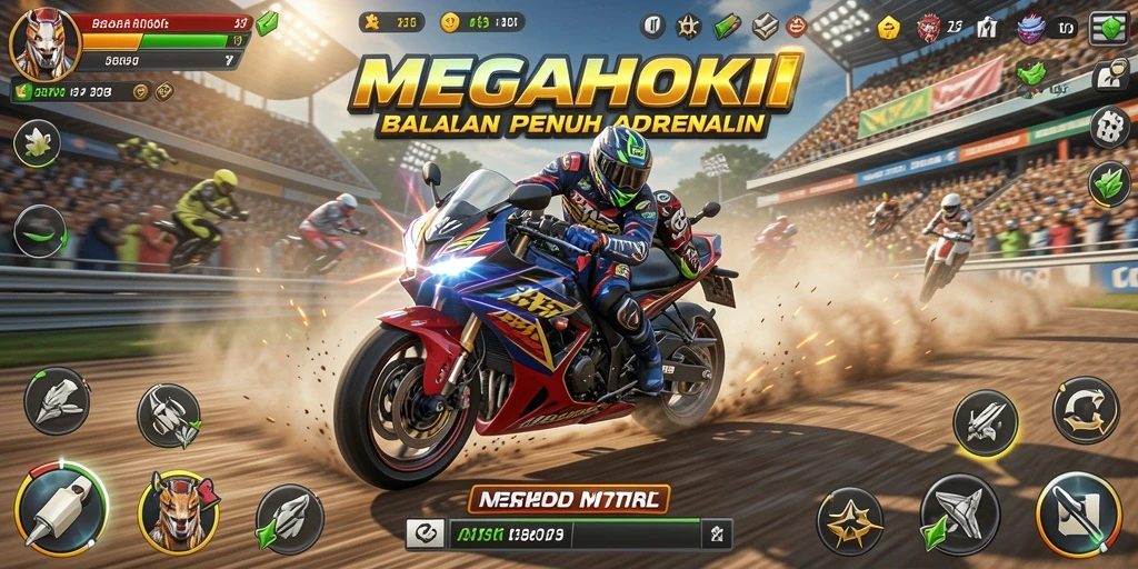 Screenshot gameplay MEGAHOKI menunjukkan balapan motor yang seru dan intens.